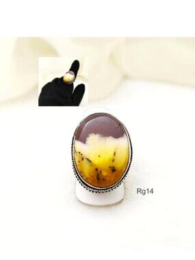 Oval Ring Dendrite Opal Gemstone Yellow Grey White